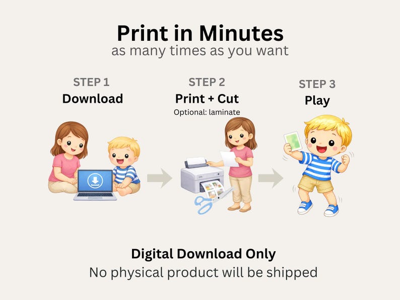 May include: An illustrated guide with the text "Print in Minutes." It shows a download step with a laptop, a print and cut step with a printer, and a play step with a child holding a card. The text "Digital Download Only" is also present.