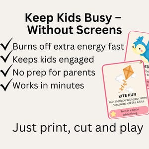 May include: Cards with illustrations of a blue bird and a kite, with instructions for kids to play. Text on the cards reads "ED BIRD" and "KITE RUN". The image also includes the text "Keep Kids Busy - Without Screens".