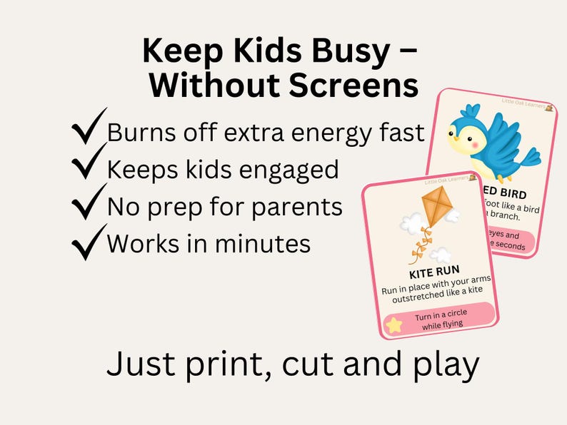 May include: Cards with illustrations of a blue bird and a kite, with instructions for kids to play. Text on the cards reads "ED BIRD" and "KITE RUN". The image also includes the text "Keep Kids Busy - Without Screens".