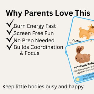 May include: Two activity cards with animal illustrations and instructions for children. One card shows a goat and the word "CLIMB". The other card shows a rabbit with instructions for hopping. Text reads "Why Parents Love This".