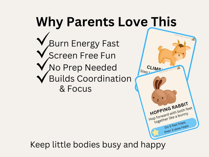 May include: Two activity cards with animal illustrations and instructions for children. One card shows a goat and the word "CLIMB". The other card shows a rabbit with instructions for hopping. Text reads "Why Parents Love This".
