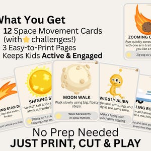 May include: Educational space-themed activity cards for kids. The cards feature illustrations of planets, aliens, and comets, with instructions for movement activities. The text on the cards includes phrases like "Moon Walk" and "Zig-zag as you run."