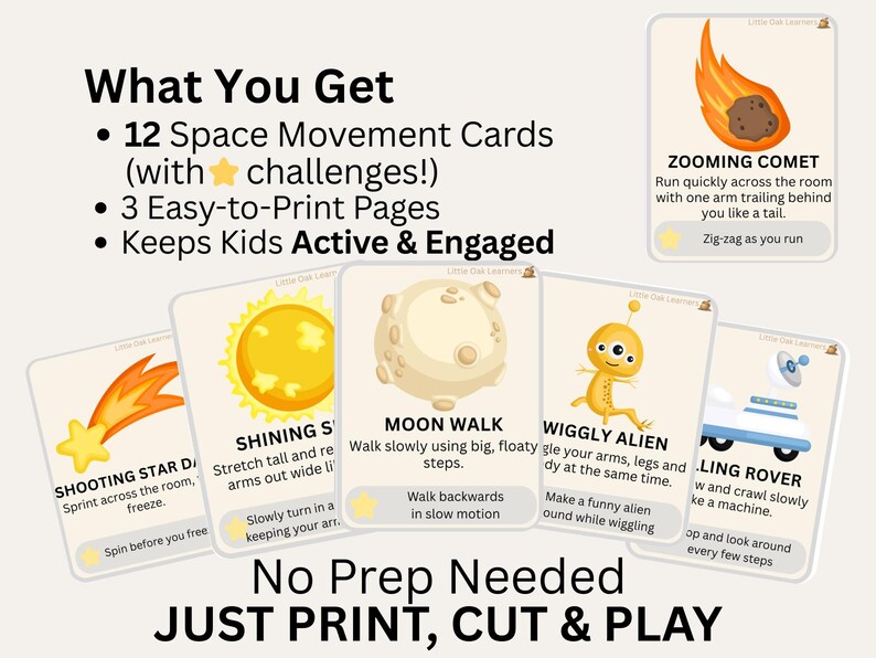 May include: Educational space-themed activity cards for kids. The cards feature illustrations of planets, aliens, and comets, with instructions for movement activities. The text on the cards includes phrases like "Moon Walk" and "Zig-zag as you run."