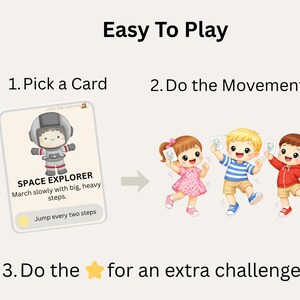 May include: An illustrated guide with the text "Easy To Play" and instructions. The guide features a card with a cartoon astronaut and instructions to march slowly. Three children are shown holding cards and smiling.