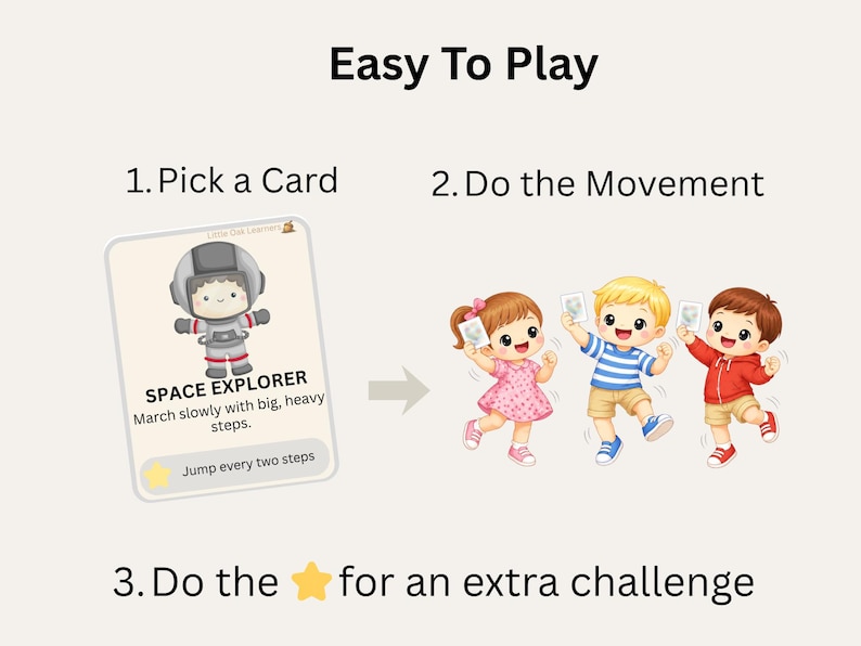 May include: An illustrated guide with the text "Easy To Play" and instructions. The guide features a card with a cartoon astronaut and instructions to march slowly. Three children are shown holding cards and smiling.