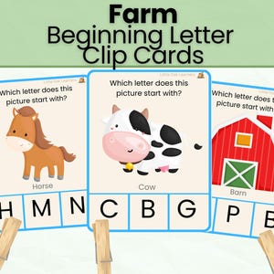 May include: Three educational clip cards titled Farm Beginning Letter Clip Cards. Each card features a farm-themed illustration of a horse, cow, or barn with the question Which letter does this picture start with? and multiple letter choices below.