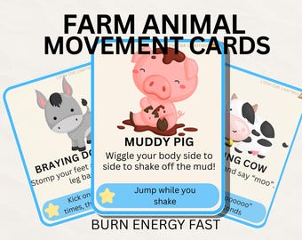 Farm Animal Movement Cards for Kids and Toddlers, Preschool Brain Breaks, Indoor Activity, Gross Motor Game, Printable Busy Activity
