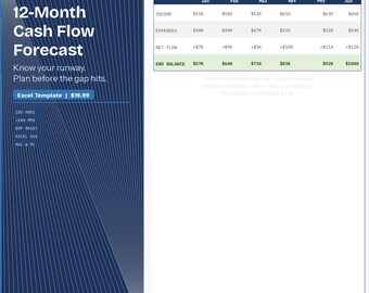 Modello Excel per la previsione del flusso di cassa / Pianificatore di entrate e uscite a 12 mesi / Pianificazione finanziaria per piccole imprese