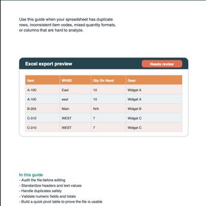 May include: A guide titled "Clean Your Excel Data Fast" with a teal header. The guide provides a step-by-step process for cleaning inventory and operations spreadsheets. It includes an Excel export preview table and a list of steps.