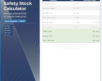 Modello Excel per il calcolo delle scorte di sicurezza / Punto di riordino, EOQ (Download digitale)