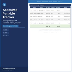 May include: A digital Accounts Payable Tracker Excel template featuring a dark blue sidebar with the text 16, Accounts Payable Tracker, Bills, aging report & payment history in Excel. The spreadsheet displays columns for Vendor, Invoice #, Due Date, Amount, Balance, and Status.