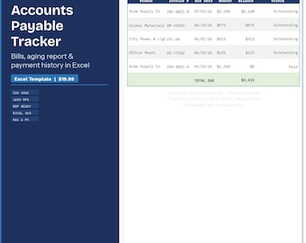Strumento Excel per il monitoraggio dei conti fornitori / Report su fatture, scadenza debiti e storico pagamenti / Gestione dei conti fornitori per piccole imprese