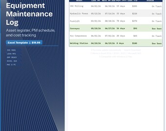 Modello Excel per il registro di manutenzione delle apparecchiature / Registro delle risorse, programma di manutenzione preventiva e monitoraggio dei costi / Manutenzione preventiva