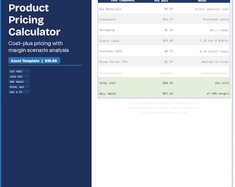 Calcolatore Excel per la determinazione dei prezzi dei prodotti / Prezzi basati sui costi con scenari di margine / Strumento per la determinazione dei prezzi di produzione