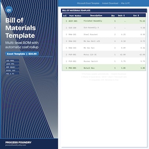 Bill of Materials Template Excel | Multi-Level BOM Cost Rollup (Digital Download)