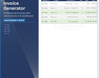 Modello per la generazione di fatture in Excel / Foglio di calcolo professionale per la fatturazione / Strumento di monitoraggio della fatturazione clienti con dashboard