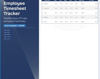 Foglio presenze Excel per dipendenti / Calcolatore ore settimanali, straordinari e riepilogo paghe / Risorse umane per piccole imprese