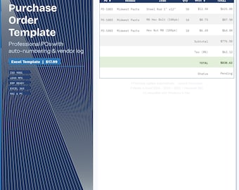 Modello di ordine d'acquisto Excel / Modulo d'ordine d'acquisto professionale con registro fornitori e dashboard / Acquisti per piccole imprese