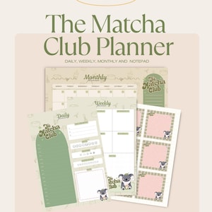 Pode incluir: Um conjunto de planejador digital com fundo bege claro. O texto "The Matcha Club Planner" é verde. Inclui páginas diárias, semanais, mensais e de bloco de notas. Apresenta um gráfico de coala e o texto "wearesortly".