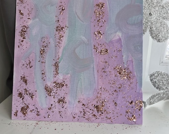 Abstrakte Malerei Pink Goldene Blätter: Zarte Tropfkunst, moderne Wanddekoration