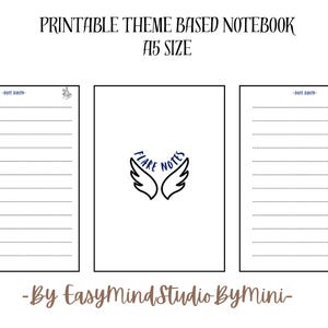 May include: Printable theme-based notebook in A5 size. The notebook features lined pages with a central page displaying the words "FLARE NOTES" above a pair of wings. The top of the pages have a small bird illustration. The bottom of the image says "-By EasyMindStudio ByMini-".