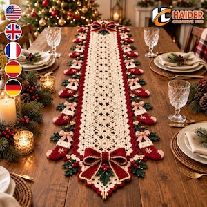 May include: A long, rectangular crochet table runner featuring a cream-colored lace center with a repeating snowflake pattern. The runner is bordered by red crochet stockings, green holly leaves, and small red bows, finished with a large red bow.