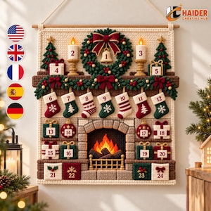 May include: A crocheted wall hanging advent calendar featuring a fireplace scene with a mantel, a wreath, two candles, and twenty-four numbered pockets shaped like stockings, gifts, and ornaments, all in red, green, white, and brown yarn colors.