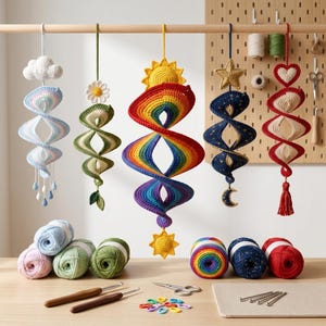 Häkelmuster-Set für Windspiele (PDF), 5 Designs: Regenbogen, Sonne, Wolke, Gänseblümchen, Himmelsmotiv und Herz (Sofort-Download)