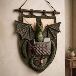 May include: A dark green crochet wall organizer shaped like a dragon with large wings, featuring a central pocket with a textured diamond pattern, a smaller bottom pocket, and a three-dimensional dragon head. It hangs from a dark wooden rod.