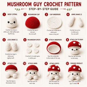 May include: A step-by-step crochet pattern for a mushroom figure. The guide shows how to crochet the body, cap, arms, legs, and spots. The finished product is a white and red mushroom with a smiling face.