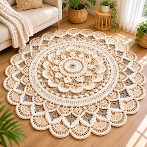 May include: A round, cream-colored crochet rug with a detailed floral design. The rug features concentric circles of varying patterns and shades of cream and brown. The rug is approximately 60 inches in diameter, suitable for a living room or bedroom.
