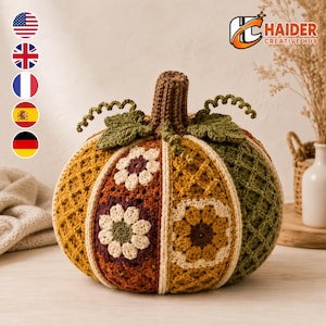 May include: A decorative crochet pumpkin featuring alternating panels of mustard yellow, burnt orange, and olive green yarn. The pumpkin is adorned with white and brown floral granny square motifs, green crocheted leaves, and curly tendrils.
