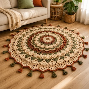 Peut inclure: Un tapis rond fait à la main au crochet, de style bohème. Le tapis présente des cercles concentriques de fil beige, vert olive et rouille. Des glands de couleurs assorties ornent le bord. Le tapis mesure environ 152 cm de diamètre.