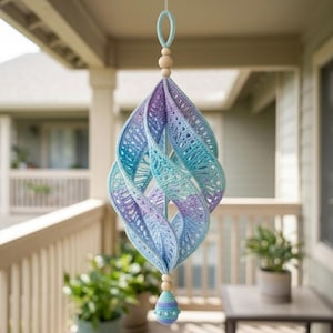 May include: A hanging spiral ornament crafted from crochet yarn in a gradient of purple, blue, and light teal. The structure features a central vertical axis with wooden beads at the top and bottom, ending in a small, textured crochet sphere.