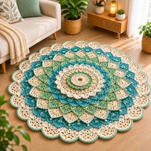 May include: A round, handmade crochet rug with a floral design. The rug features concentric circles of cream, teal, and green, creating a mandala-like pattern. The edges are scalloped, and the rug is placed on a hardwood floor.