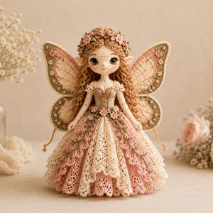 May include: A handcrafted crochet fairy doll with long brown hair, a floral crown, and large, detailed wings. The doll wears a layered dress in shades of pink and cream, adorned with floral accents. The fairy has delicate features and is posed in a neutral setting.