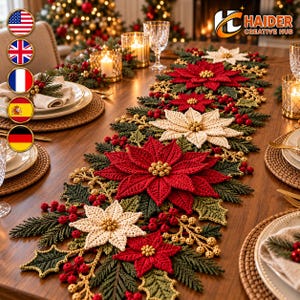 May include: A long, crocheted Christmas table runner featuring alternating red and cream-colored poinsettia flowers, dark green holly leaves, and clusters of red berries. The runner is accented with small gold-colored beads and sprigs.