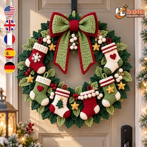 May include: A circular Christmas wreath made of crocheted dark green leaves, featuring a large red and green bow at the top. The wreath is decorated with six small crocheted stockings in red, white, and green, yellow stars, white berries, and red berries.