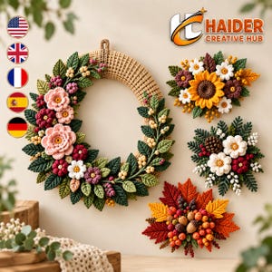 May include: A large circular crochet wreath decorated with pink, white, and dark red flowers, green leaves, and small yellow berries, accompanied by three smaller floral arrangements featuring sunflowers, white blossoms, and autumn-colored leaves.