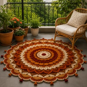 May include: A round, handmade crochet rug in warm tones of orange, brown, and cream. The rug features a mandala-like design with concentric circles and decorative tassels around the edge. It is placed on a patio with a wicker chair and potted plants.
