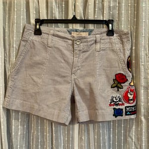 Upcycled Levi's Pinstripe Shorts Size 4 | Rock Band Patches, Grunge Indie Style