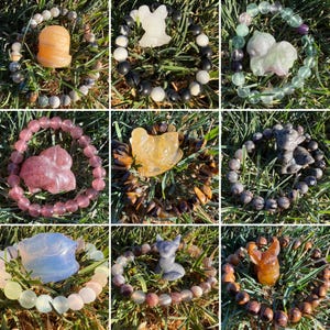 May include: Nine gemstone bracelets with various carved animal figures. The bracelets feature a variety of bead colors, including pink, green, brown, and white. The carved figures include a bear, a cat, and a rabbit.