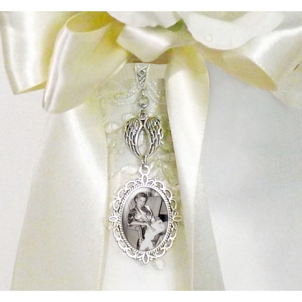 Angel Wings Heart Wedding Bouquet Piece With Up to 5 Glass-Capped Charms, each with either a photo or a quote, Choice of 6 Metal Finishes