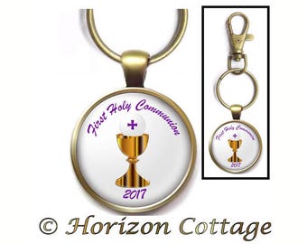 First Holy Communion Clip Personalized, Custom Text, Personalized Key Ring, Book Bag Clip, Backpack Clip, Glass Dome Jewelry