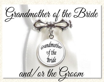 Grandmother of the Bride or Groom Brooch on a Bow Pin, Grandmother Wedding Brooch Lapel Pin, Family Designation Jewelry, Four Finish Options