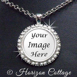 Elegant Rhinestone Studded Photo Pendant, Bling Photo Necklace, Fancy Wedding, Custom Design With Your Photo or Quote, Antique Silver Finish