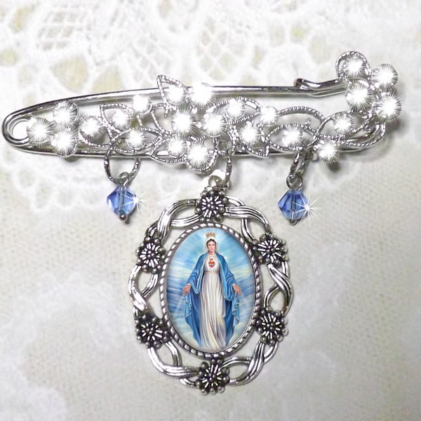 Something Blue Wedding Pin, Blessed Mother Bridal Bouquet Pin, Immaculate Heart of Mary, Mother Mary Kilt Pin, Catholic Jewelry Brooch