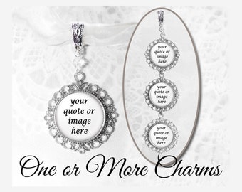 Bridal Bouquet Charm With Crystal Accent, Custom Wedding Charm Using Your Photo and/or Text, One or More Memory Charms, Four Finish Options