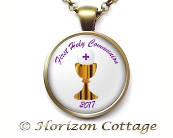 First Holy Communion Necklace, Personalized First Communion Gift, Custom or Standard Text, Glass Dome Jewelry