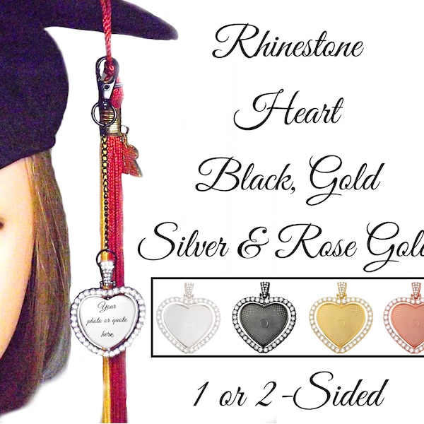 Heart Shaped One- or Two-Sided Rotating Rhinestone Tassel Charm, Memorial Photo Charm for Mortarboard Graduation Cap, Four Finish Options